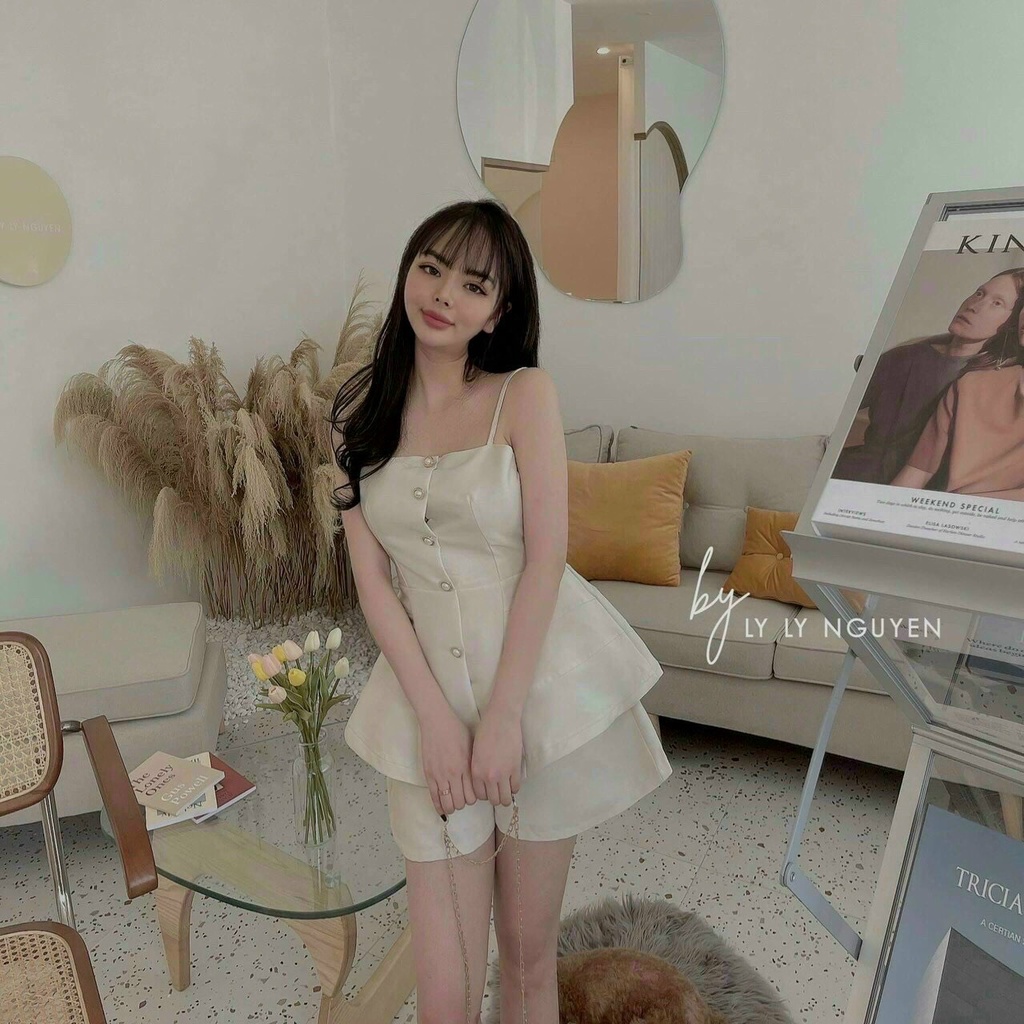 Set bộ nữ dự tiệc, set bộ đùi áo 2 dây xòe đính nút phối quần short đùi, áo có mút dáng ôm eo siêu tôn dáng, quyến rũ