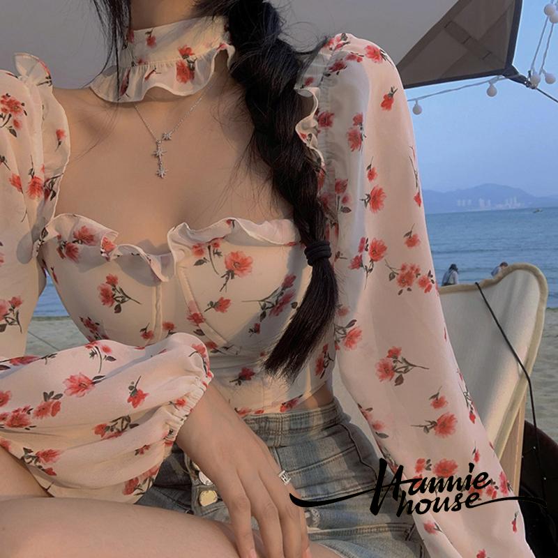 Áo Kiểu Trễ Vai Tay Phồng In Hoa Thời Trang Cho Nữ