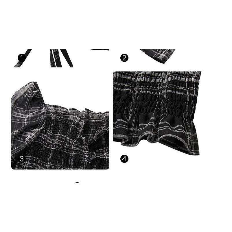 Áo Voan Cổ Vuông Họa Tiết Sọc Caro Thiết Kế Mới Ngọt Ngào Thời Trang Cho Nữ