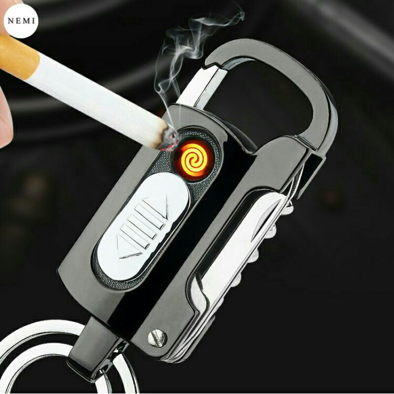 Quẹt điện móc khóa inox oto xe máy đa năng cao cấp có đèn pin