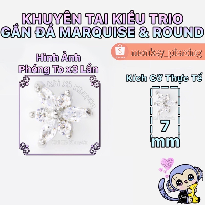 Khuyên Tai Gắn Đá Kiểu Trio - Marquise &amp; Round
