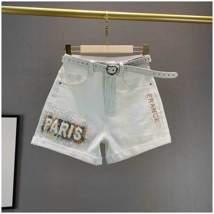 Quần ngắn jean ống rộng eo cao màu trắng mỏng họa tiết chữ cái 2021 dành cho nữ