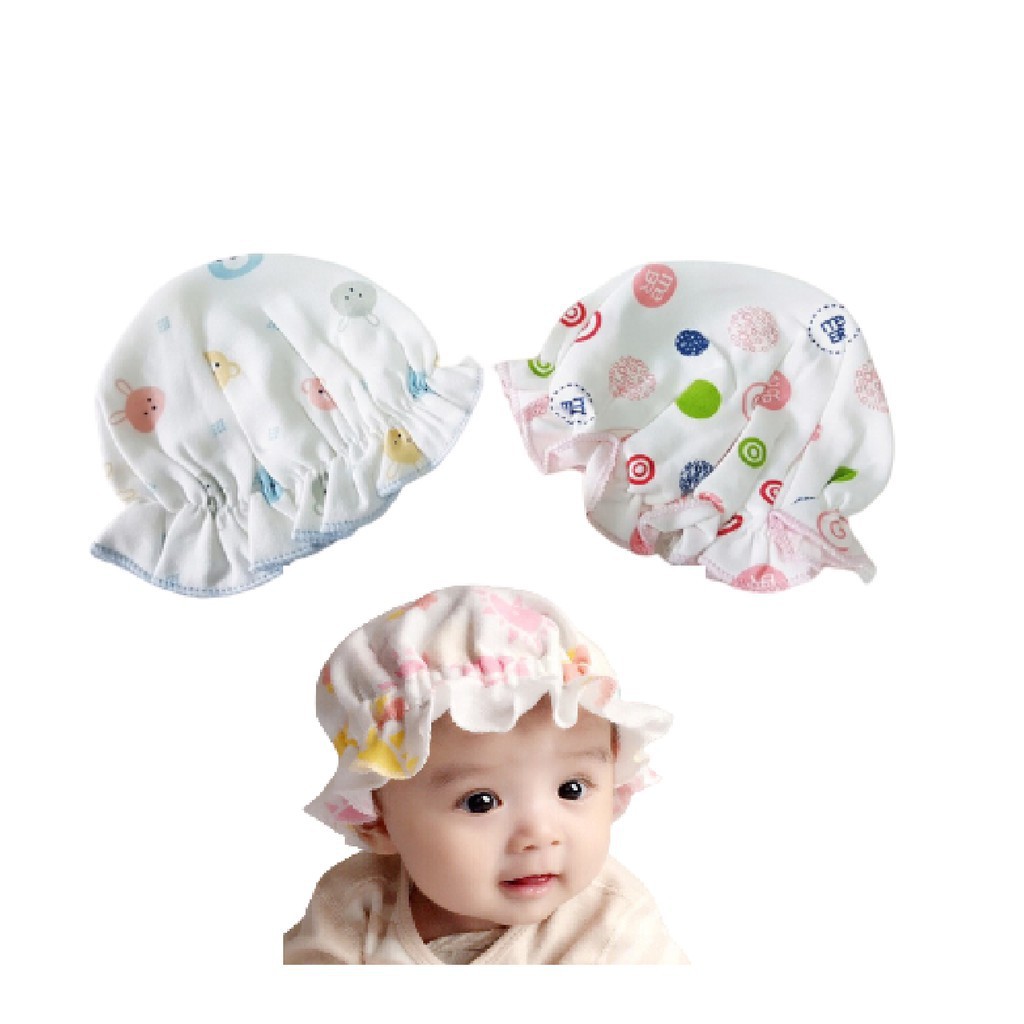 Set 2 nón chun bèo nhí in rơi cho bé gái sơ sinh 0-4 tháng cotton mềm mịn đẹp