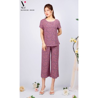 Bộ đồ mặc nhà trung niên lanh nhung Vicci áo cộc,quần ống sớ BGSM.082 nhiều họa tiết