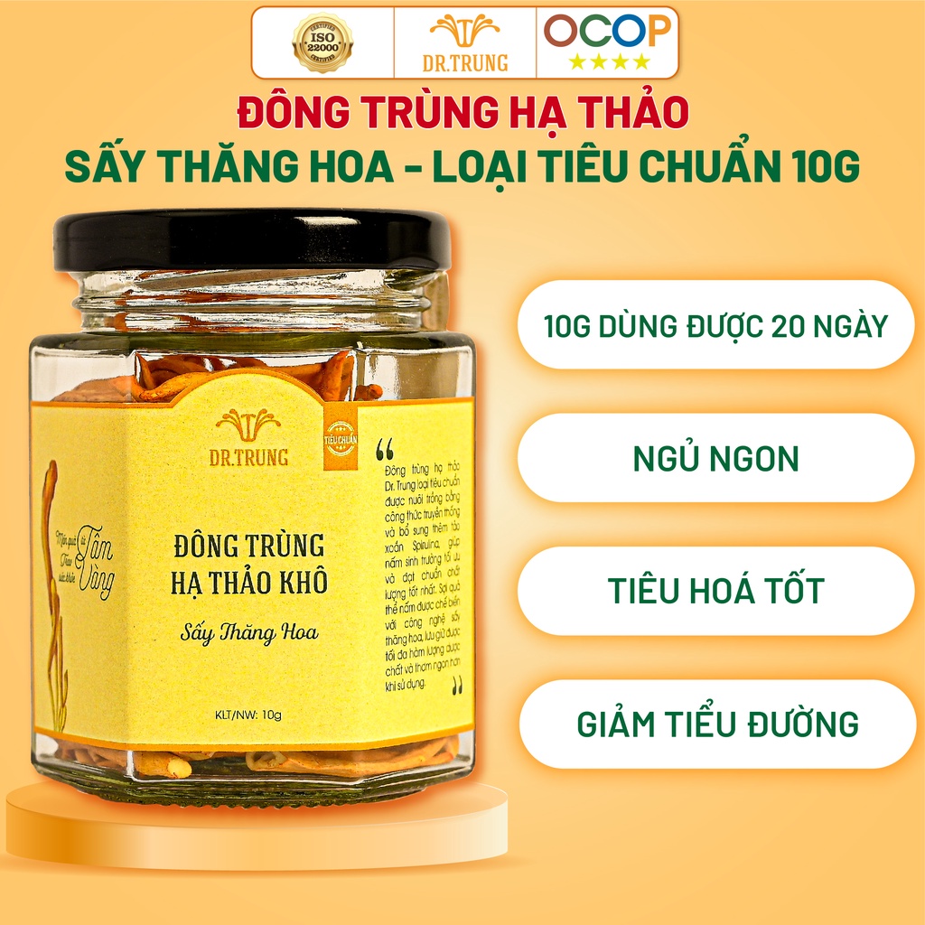 Đông trùng hạ thảo khô Dr. Trung, hỗ trợ tiểu đường, ổn định đường huyết, Sấy thăng hoa loại Tiêu chuẩn, 10g