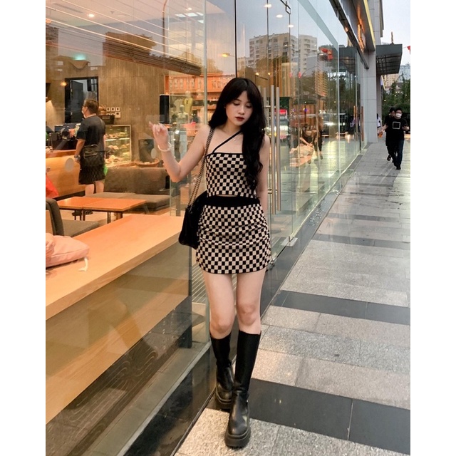 Set áo caro dây cổ chéo kèm chân váy S350 SUSTORE