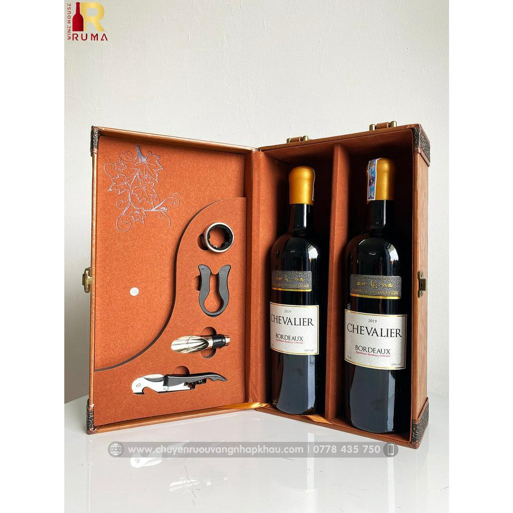 Set quà tặng rượu vang Pháp Chevalier - Hộp da PU kèm phụ kiện
