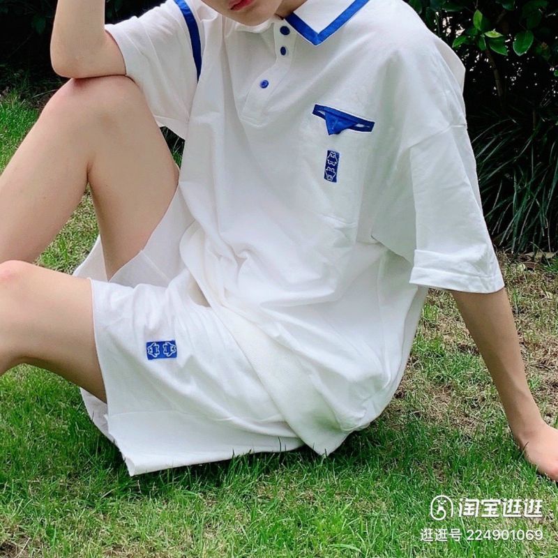 Set Bộ áo cổ bẻ viền xanh kèm quần short from rộng nam nữ .Chất bo cotton dầy đẹp, viền phối nổi bật phong cách Ulzzang