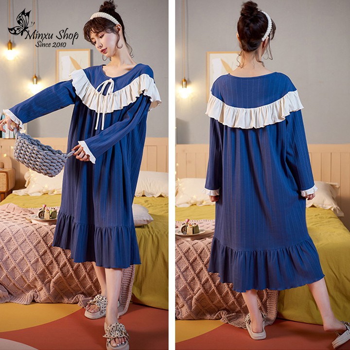 Váy ngủ mặc nhà mùa đông đầm ngủ dài tay sexy dễ thương vải Cotton sợi bông mềm mịn, thoáng khí, thấm mồ hôi