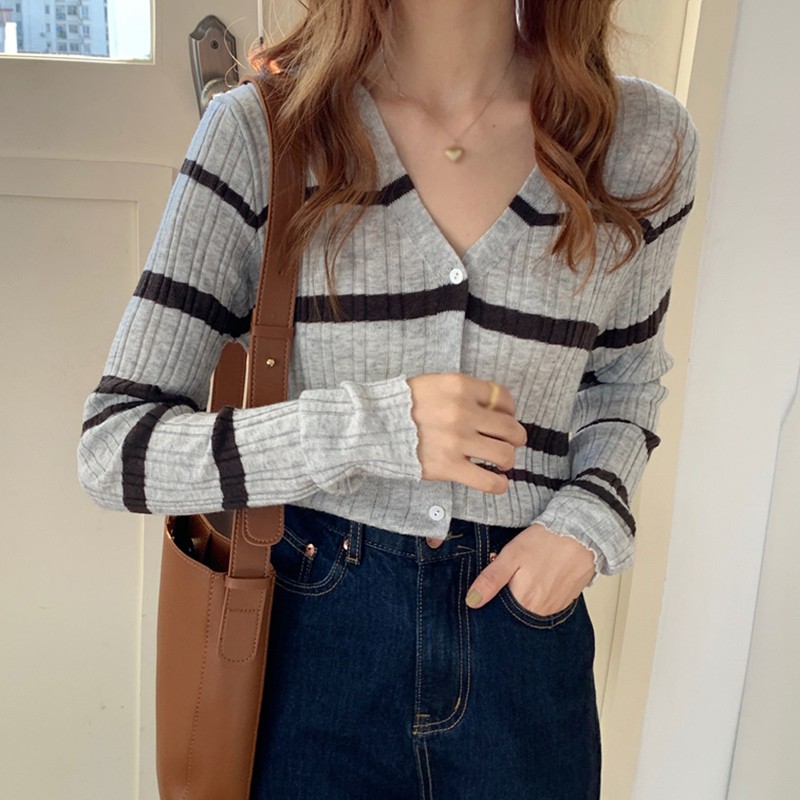 Áo Khońc Cardigan Dệt Kim Cổ Chữ V Tay Dài Họa Tiết Kẻ Sọc Trẻ Trung Cho Áo Len Nữ