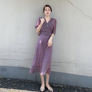 Đầm Chiffon Dài Tay Ngắn Cổ Chữ v Lưng Cao In Họa Tiết Hoa Tím Thời Trang Mùa Hè 2023 Phong Cách Pháp Cho Nữ