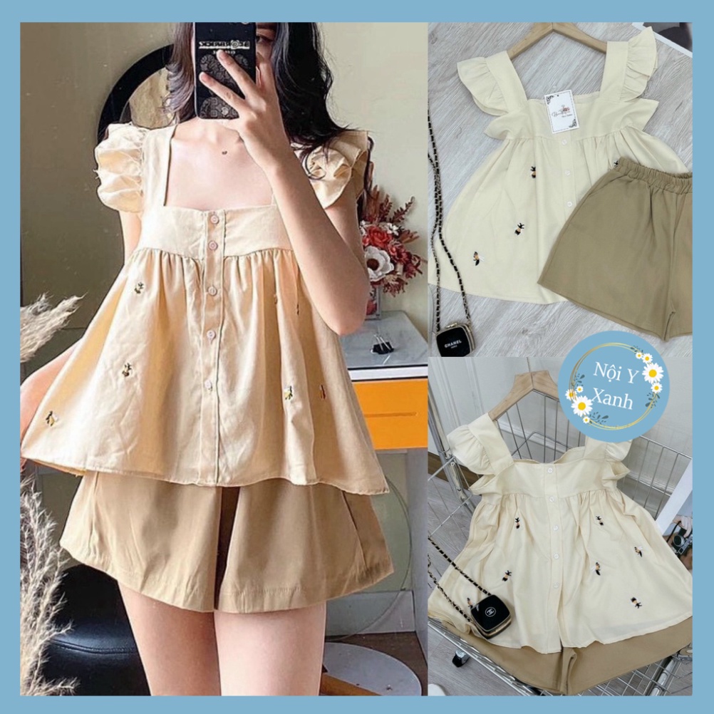 Bộ mặc nhà cánh tiên tổ ong thêu chất đũi lụa mát lạnh mùa hè B110 nội y xanh babydoll bánh bèo mầu trắng đen be