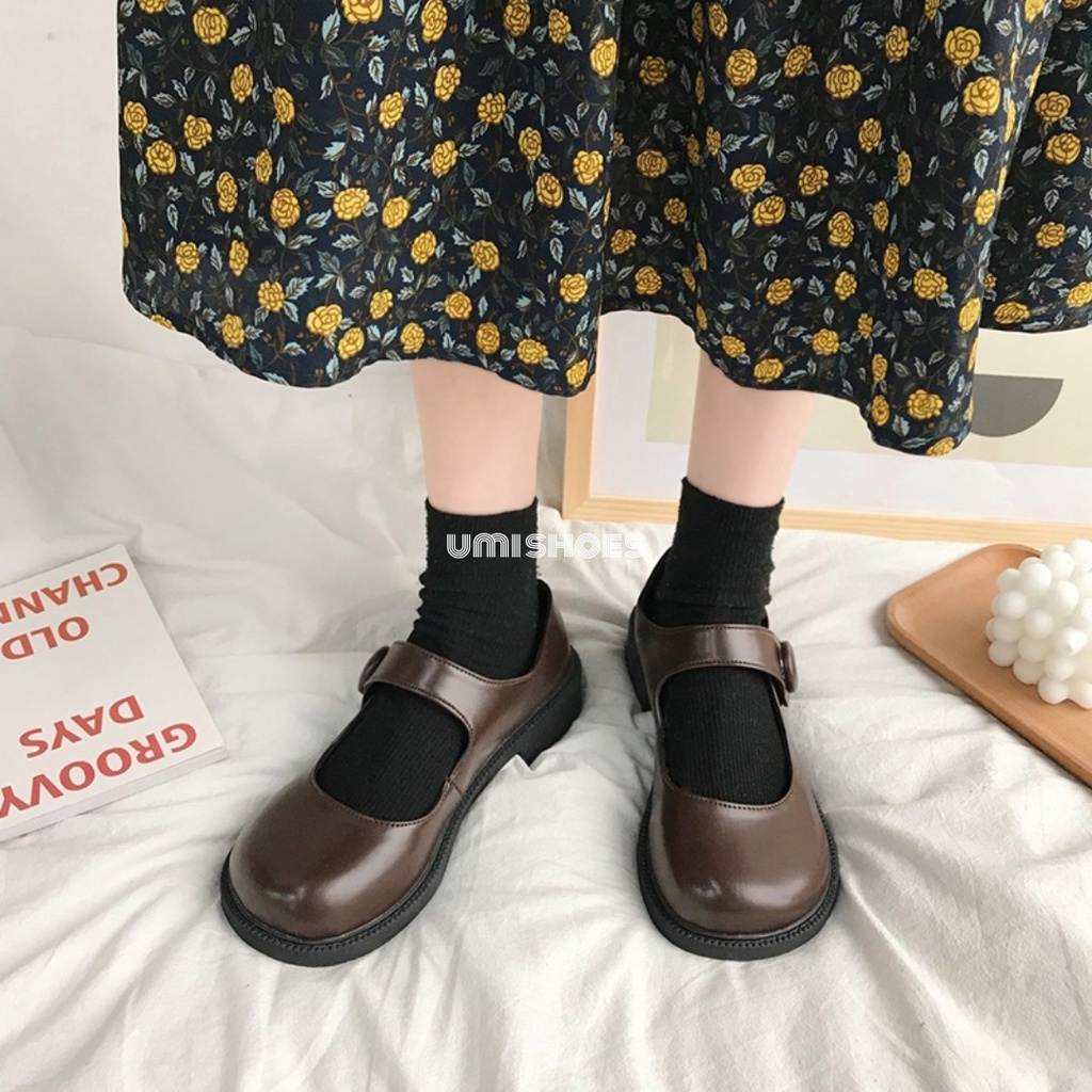 [CÓ SẴN] Giày bệt búp bê LOLITA nữ quai cài nút gỗ mũi tròn giá rẻ hot trendđơn giản màu đen/nâu đẹp bền mới