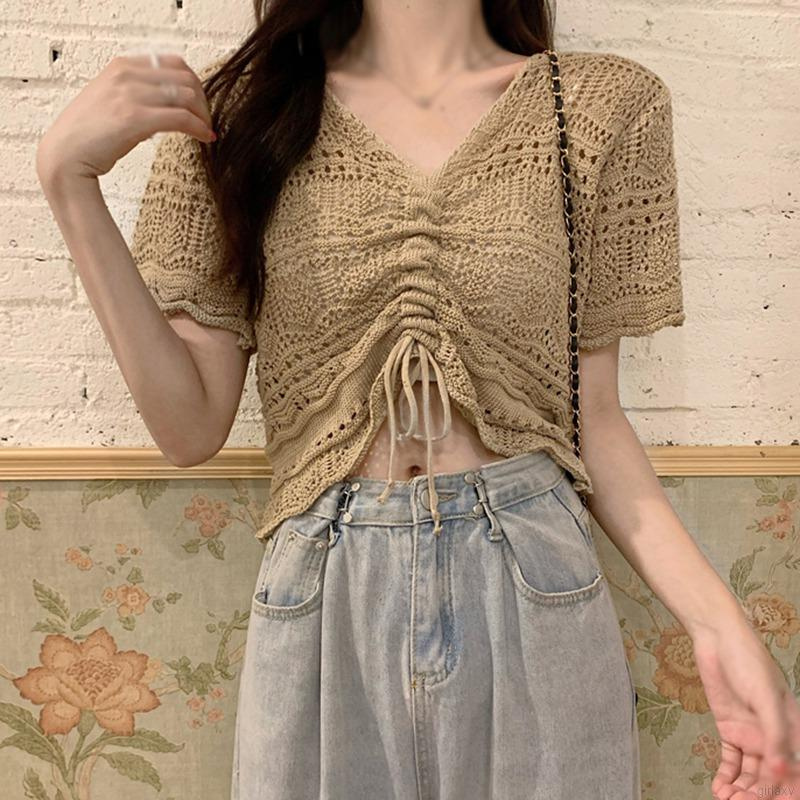 Áo Len Tay Ngắn Màu Sắc Đơn Giản Phong Cách Hàn Quốc Cho Nữ