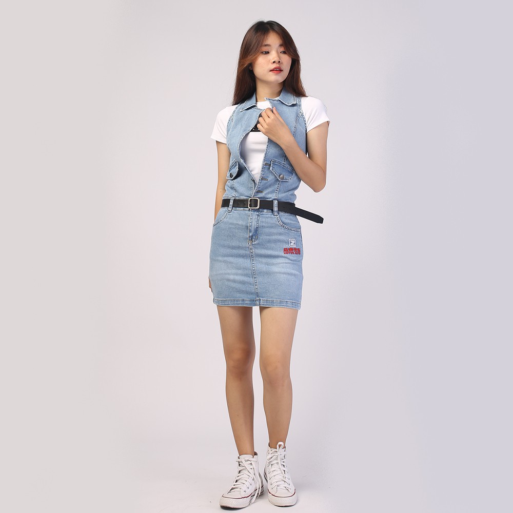 Chân váy ngắn jean HANOIJEAN - Chân váy liền áo màu xanh trắng co giãn chân váy bò VAY005 | BigBuy360 - bigbuy360.vn