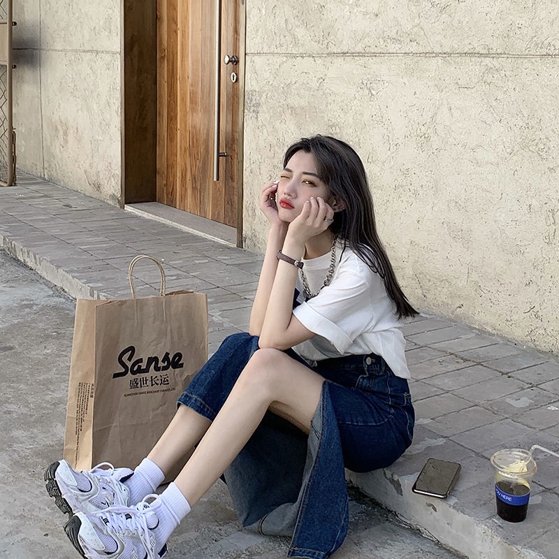 IMAODOU Chân váy jean chữ A lưng cao xẻ tà thời trang mùa xuân dành cho nữ