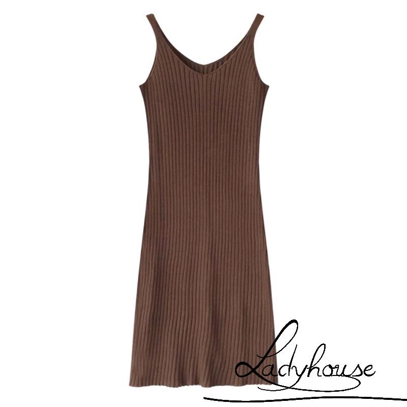 Đầm midi dệt kim hai dây cổ chữ V màu trơn co giãn màu đen/cà phê phong cách đường phố cho nữ