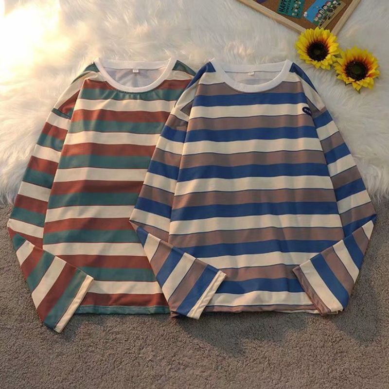 Áo thun tay dài cổ tròn dáng rộng họa tiết kẻ sọc thời trang Hàn Quốc trẻ trung dành cho nam
