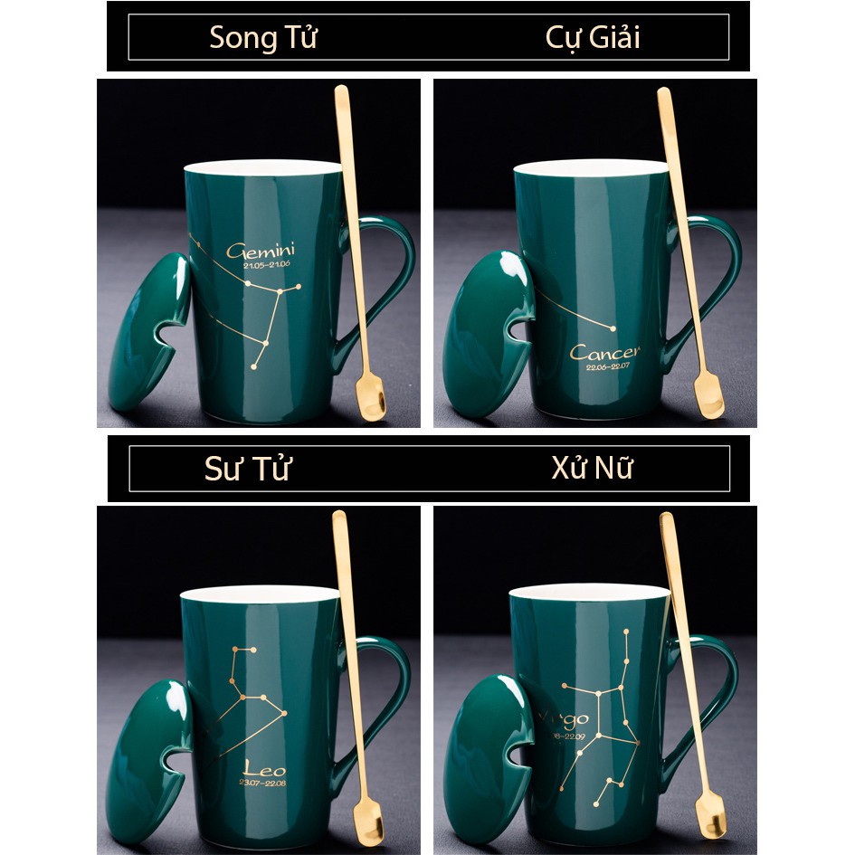 Ly cốc sứ xanh ngọc 12 cung hoàng đạo dung tich 450ml có nắp đậy, tặng kèm thìa dùng để pha trà, cafe - Ráp