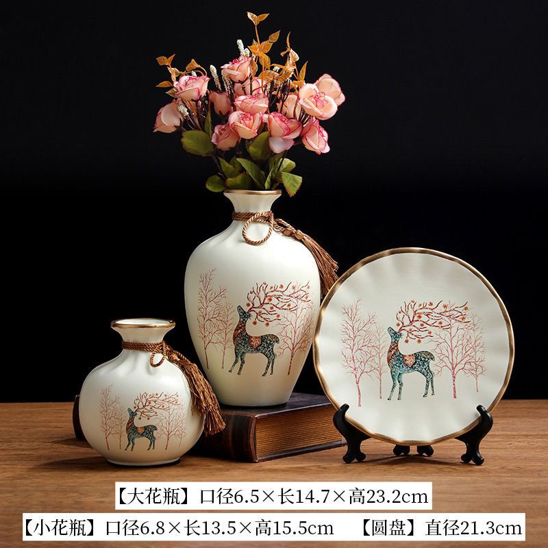 Bình hoa gốm - lọ hoa 3 món, bình nai hạc phong thuỷ MỊNT hút lộc trang trí nhà - kệ ti vi