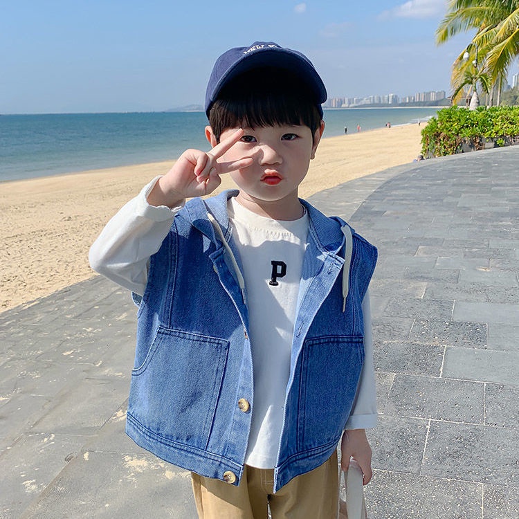 3-12 Tuổi Áo Khoác Denim Không Tay Có Mũ Trùm Kiểu Cao Bồi Hàn Quốc Thời Trang Xuân Thu Cho Bé Trai jacket