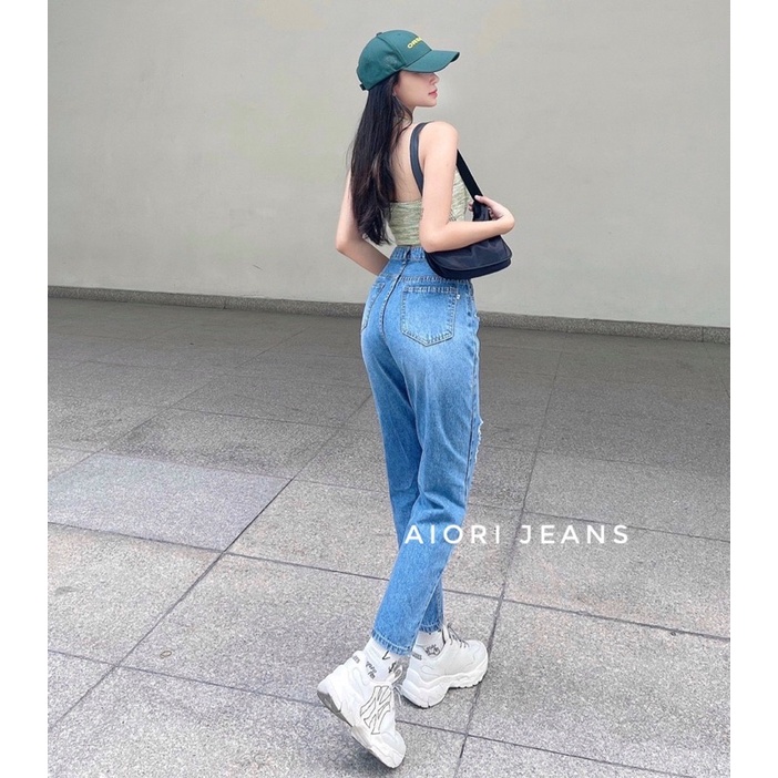 Quần Jeans Nữ, Quần Baggy Lưng Cao 2 Nút Bò Rách Gối Phong Cách Thời Trang Jeans Cotton Thoáng Mát, Mềm Mịn_ Mã 51