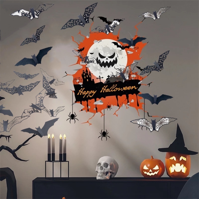Miếng Dán Tường / Cửa Sổ Bằng PVC Hình Dơi Đen 3D Trang Trí Halloween DIY