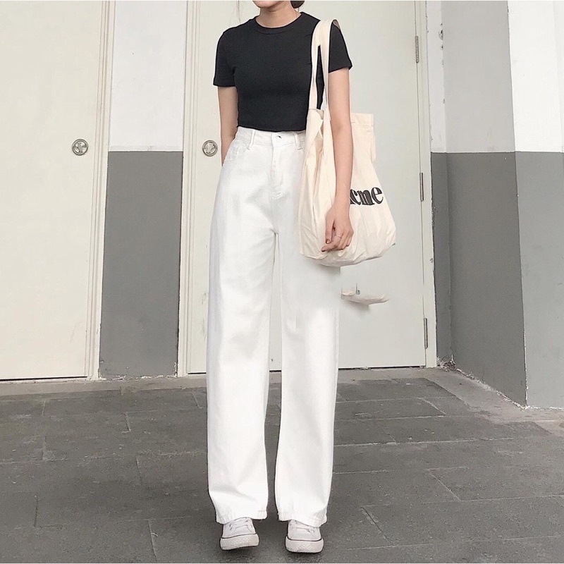 3𝘼𝙉𝙉 𝙅𝙚𝙖𝙣𝙨- quần jeans ống rộng màu trắng, be nữ, chất bò kaki không dãn, mặc tôn dáng trẻ trung