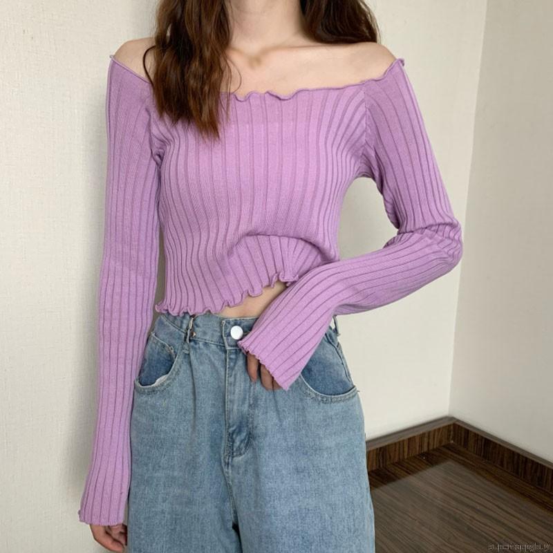 Áo sweater crop top tay dài cổ vuông kiểu dáng thời trang dành cho nữ
