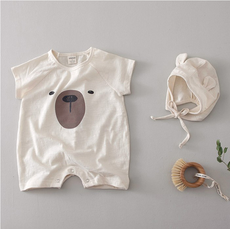  Set áo liền quần in họa tiết chú gấu & mũ cột dây dễ thương cho bé sơ sinh