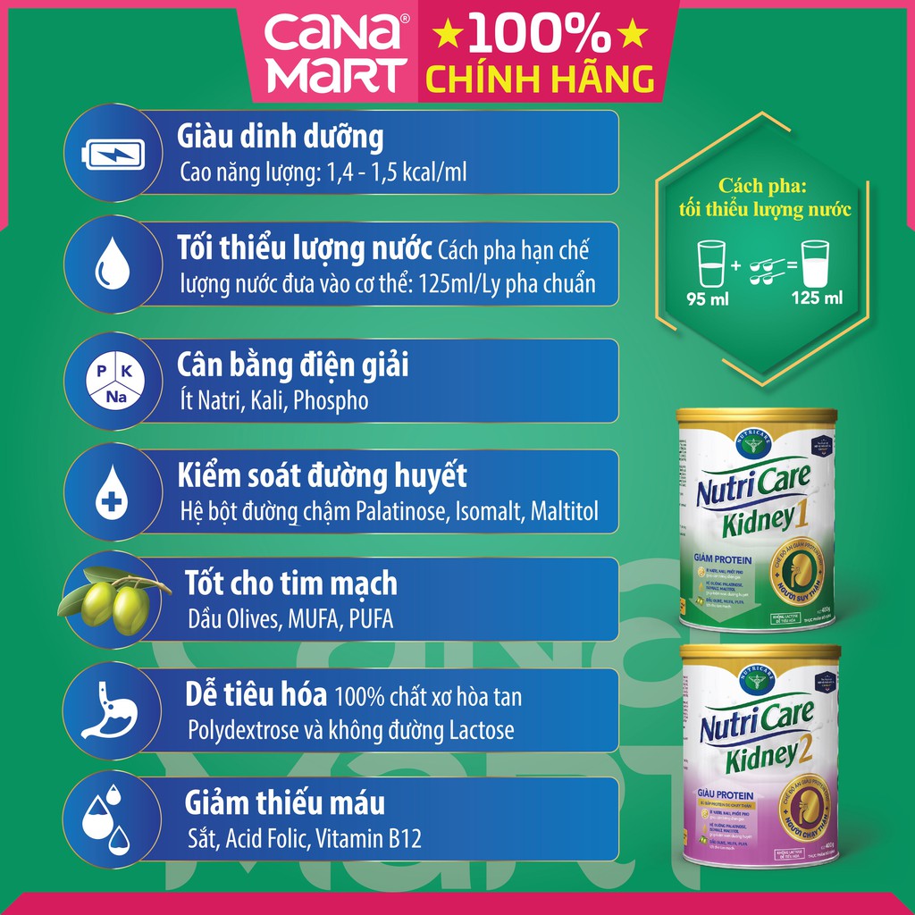 Sữa bột cho người chạy thận Nutricare Kidney 2 bù đắp đủ lượng Protein tiêu hao trong quá trình lọc thận (Lon 900g)