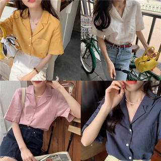 [Ảnh thật] Áo sơ mi đũi trơn túi ngực cộc tay ulzzang