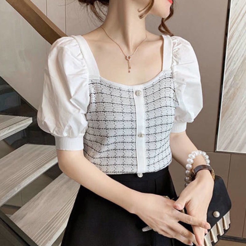 Áo Kiểu Tay Ngắn Phồng Phong Cách Hàn Quốc 175286 Áo Dệt Kim Tay Ngắn Cổ Vuông Phong Cách Phương Tây Dễ Phối Đồ Thời Trang