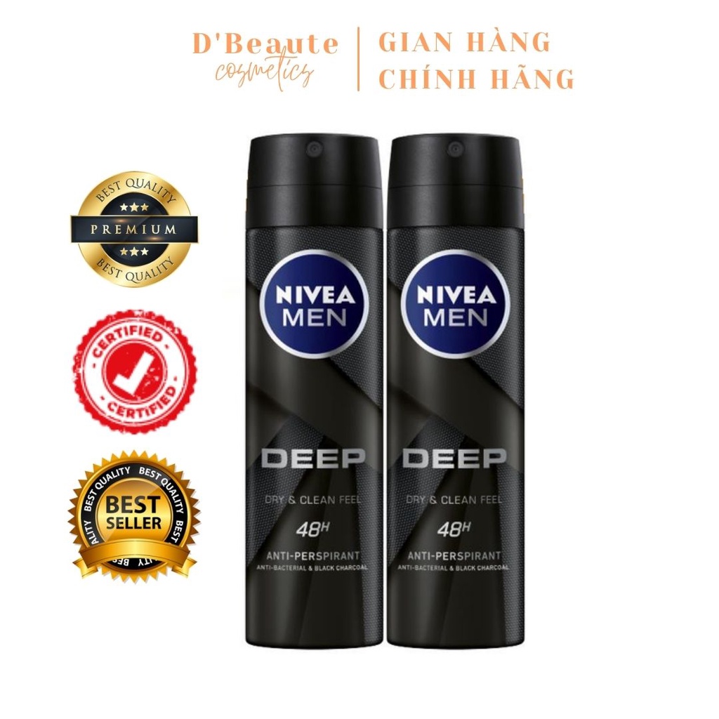 Bộ 2 chai xịt ngăn mùi suốt 48h Nivea Men than hoạt tính 150ml - Đức Chính Hãng