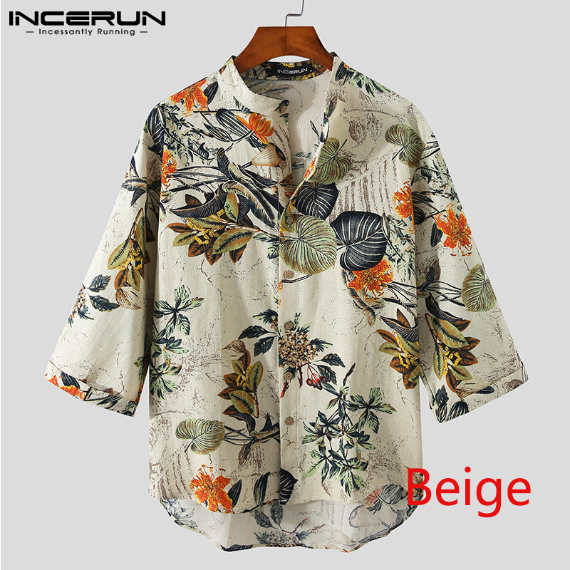 INCERUN Mens Casual Pure Cotton Loose Floral Half Sleeve Shirts Button Up Tops