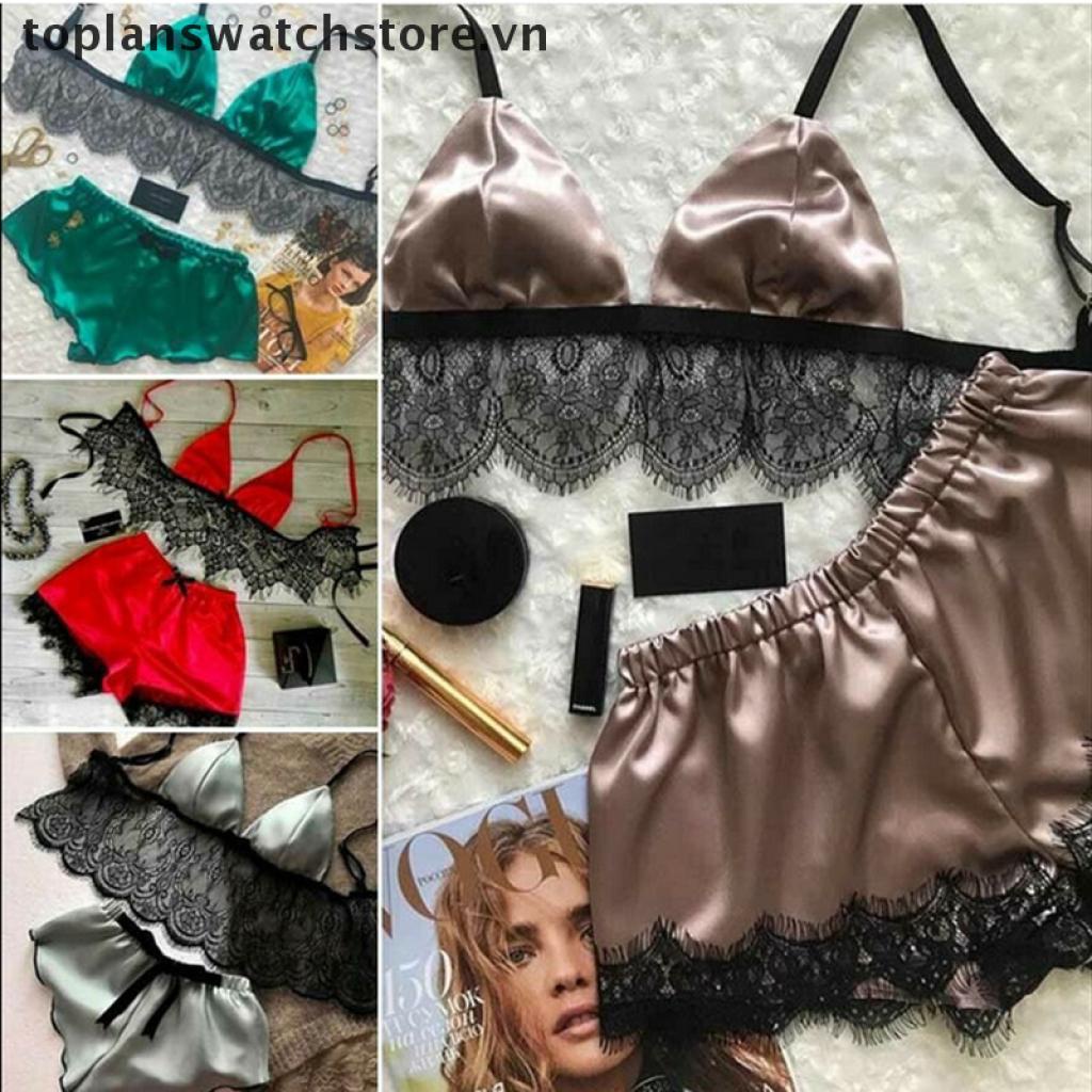 Bộ Đồ Ngủ Vải Satin Không Tay Cổ Chữ V Phối Ren Quyến Rũ Cho Nữ