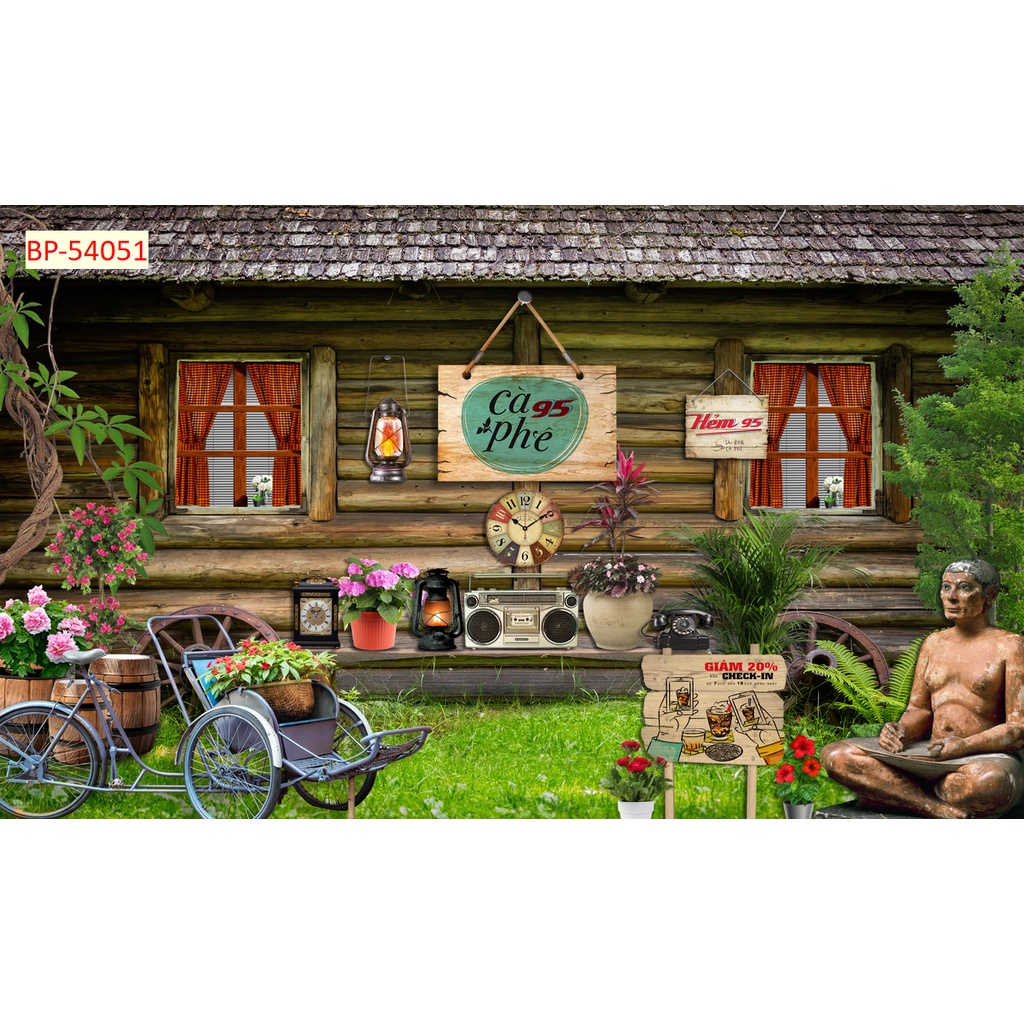 Tranh dán tường Quán Cafe, Trà Sữa, Trang Trí Cửa Hàng 3D Miễn Phí chèn tên riêng Quán, chèn chữ và logo theo yêu cầu