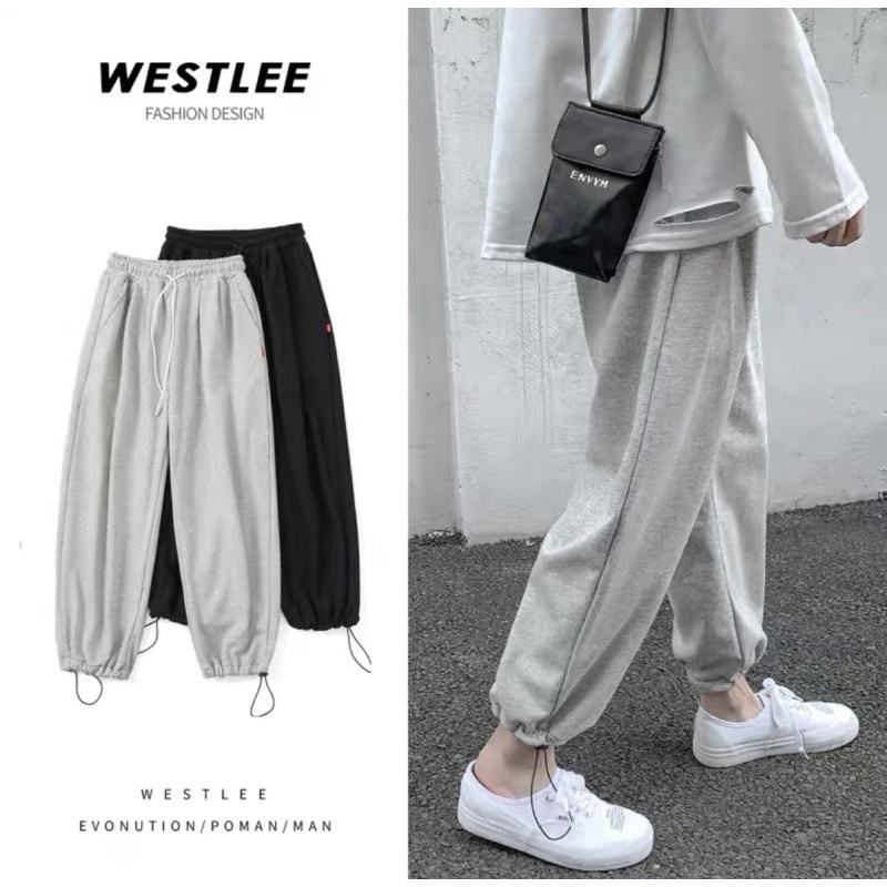 Quần jogger da cá rút dây, quần bom thụng ống rộng unisex cạp cao rút dây tự điều chỉnh