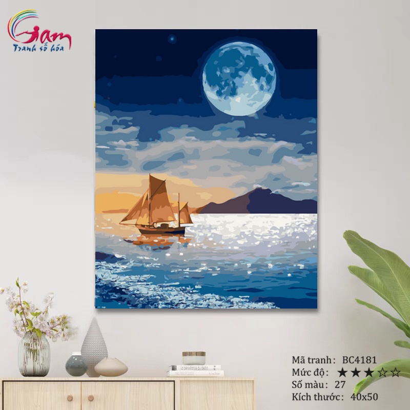 Tranh số hóa tự tô màu theo số Gam Phong Cảnh Thuyền Buồm Đêm Trăng căng khung 40x50cm BC4181
