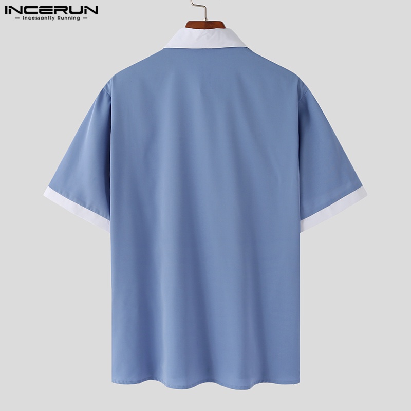 Áo sơ mi INCERUN ngắn tay phối màu retro cho nam