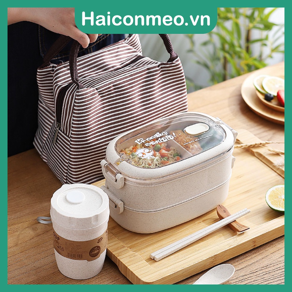 Hộp đựng cơm lúa mạch 2 tầng có quai xách 800ml