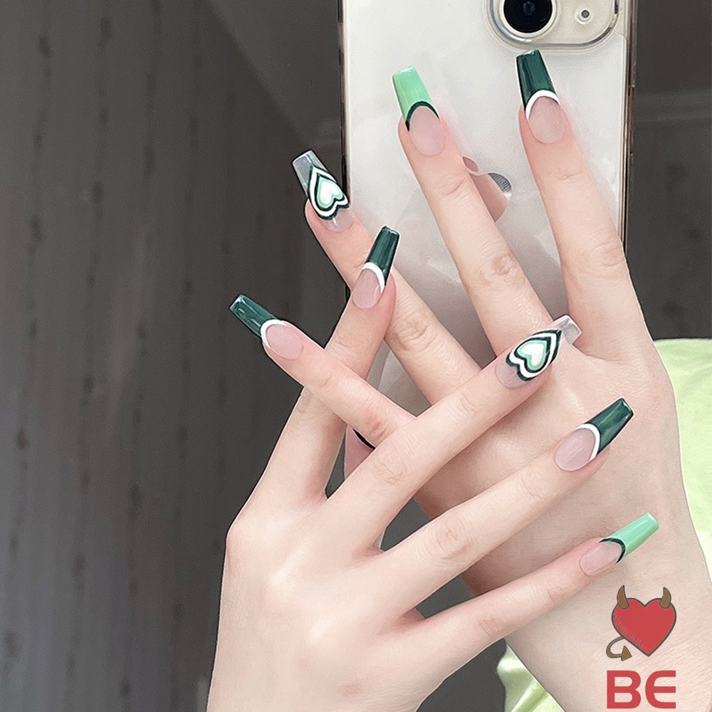 Bộ Móng Tay Giả Dáng Dài Màu Xanh Lá Trái Tim Che Phủ Toàn Diện Trang Trí Móng Tay Cho Nữ