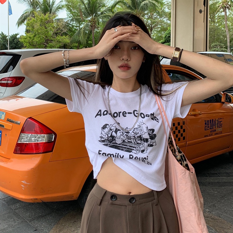 Áo Thun Croptop Ngắn Tay Form Ôm In Họa Tiết Phong Cách retro