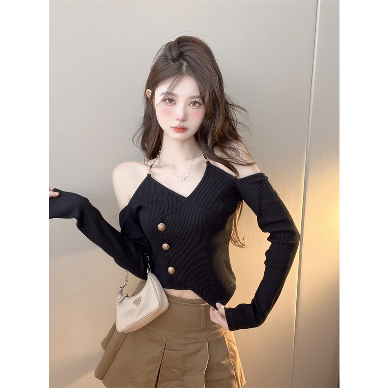 ZHELIHANGFEI Áo Len Tay Dài Cổ Yếm Lưng Cao Kiểu Dáng Sexy