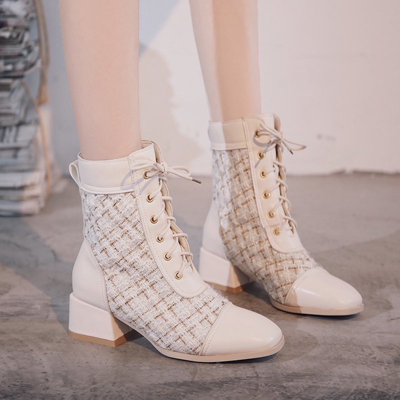 Giầy bốt boots nữ da kết hợp dạ tweed cổ ngắn , cổ thấp cực xinh, giá rẻ phong cách đi làm đi học đi chơi