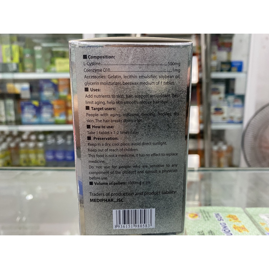 Viên uống L-Cystine with coenzymme Q10 hộp 60 viên làm đẹp da, giảm rụng tóc kích thích mọc tóc, chống lão hóa da
