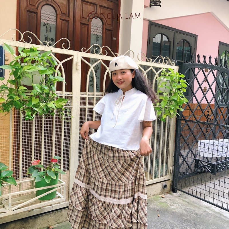 Áo linen croptop cổ tàu cột nơ