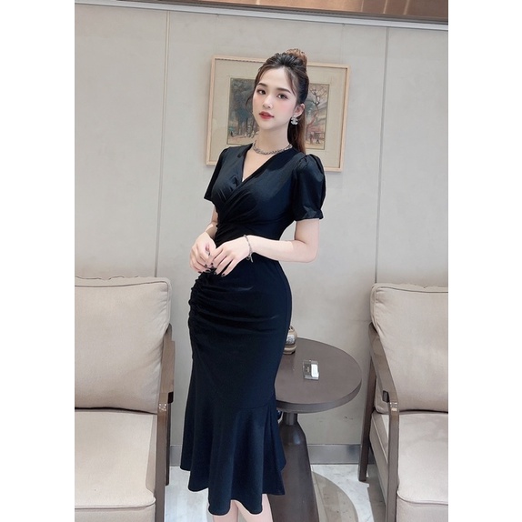Đầm body đuôi cá cổ v tay ngắn tôn dáng, váy dự tiệc công sở hàn quốc cao cấp 1123
