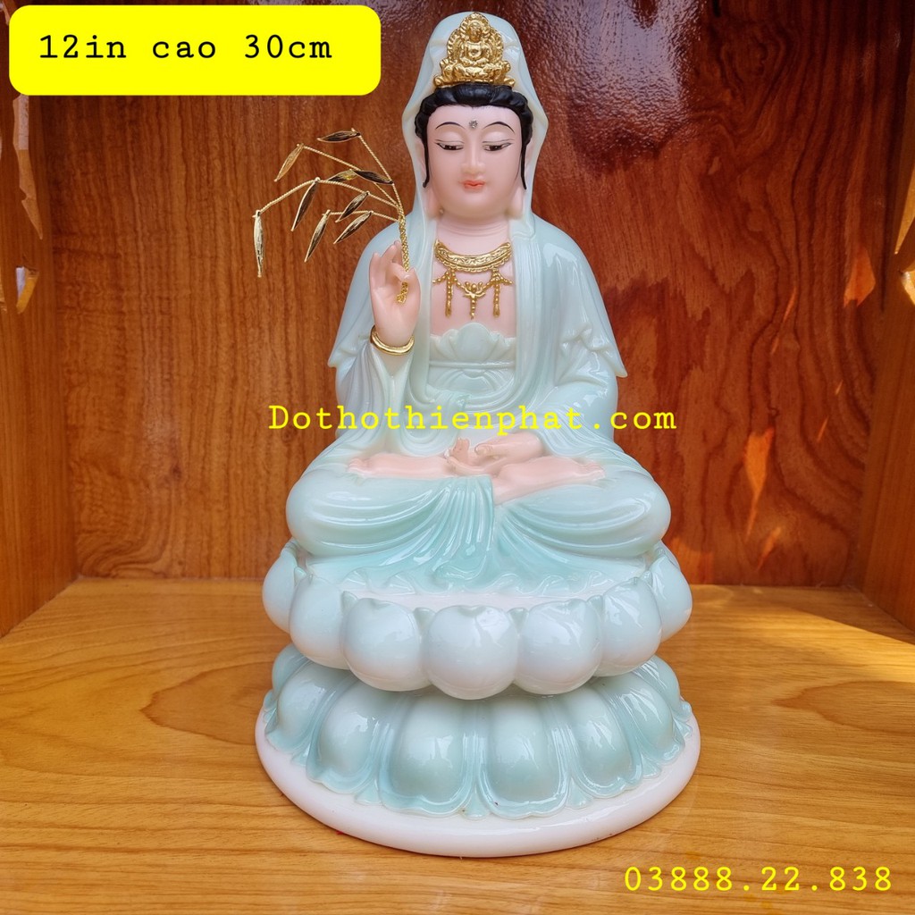 Tượng Quan Âm đá màu xanh 12in cao 30cm mẫu mới