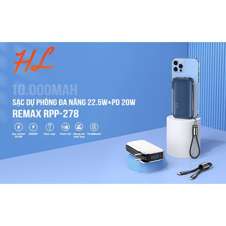 Pin Sạc Dự Phòng 10000Mah Remax RPP-278 - Sạc Nhanh QC3.0, PD20W - Nguồn AC Sạc Trực Tiếp 220V - BH 1 Năm - Hưng Long PC